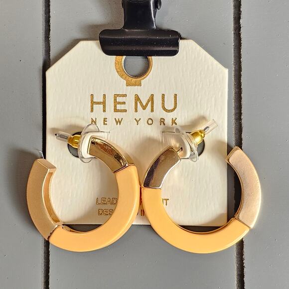 Hoop Earrings Yellow, Gold Tone Chunky Acrylic 1.19" HEMU New York w/ Gift Bag - Picture 6 of 8